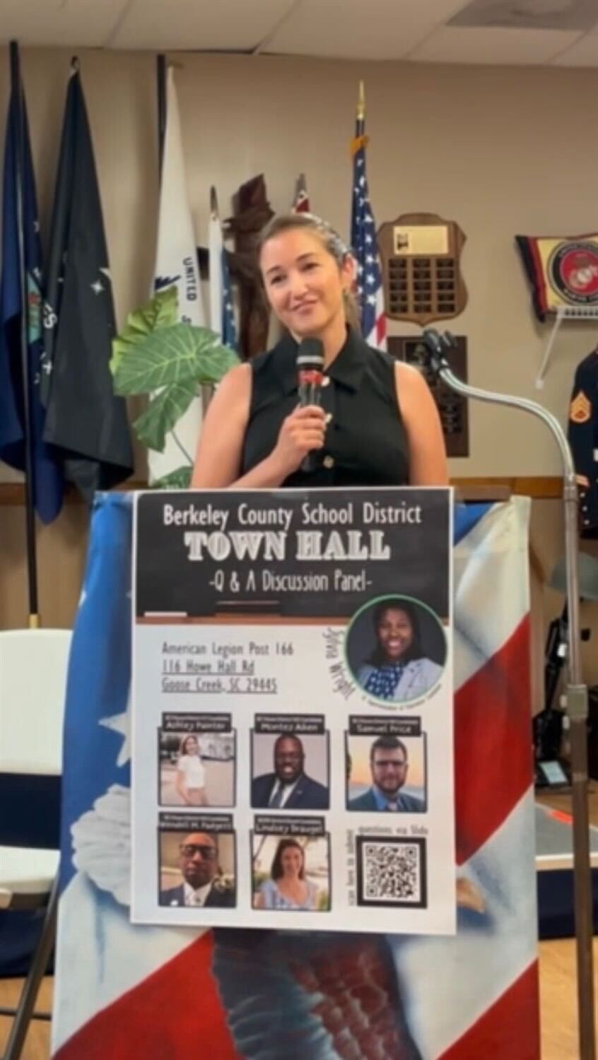 Lindsey Draugel speaking at a Berkeley County School District candidate town hall